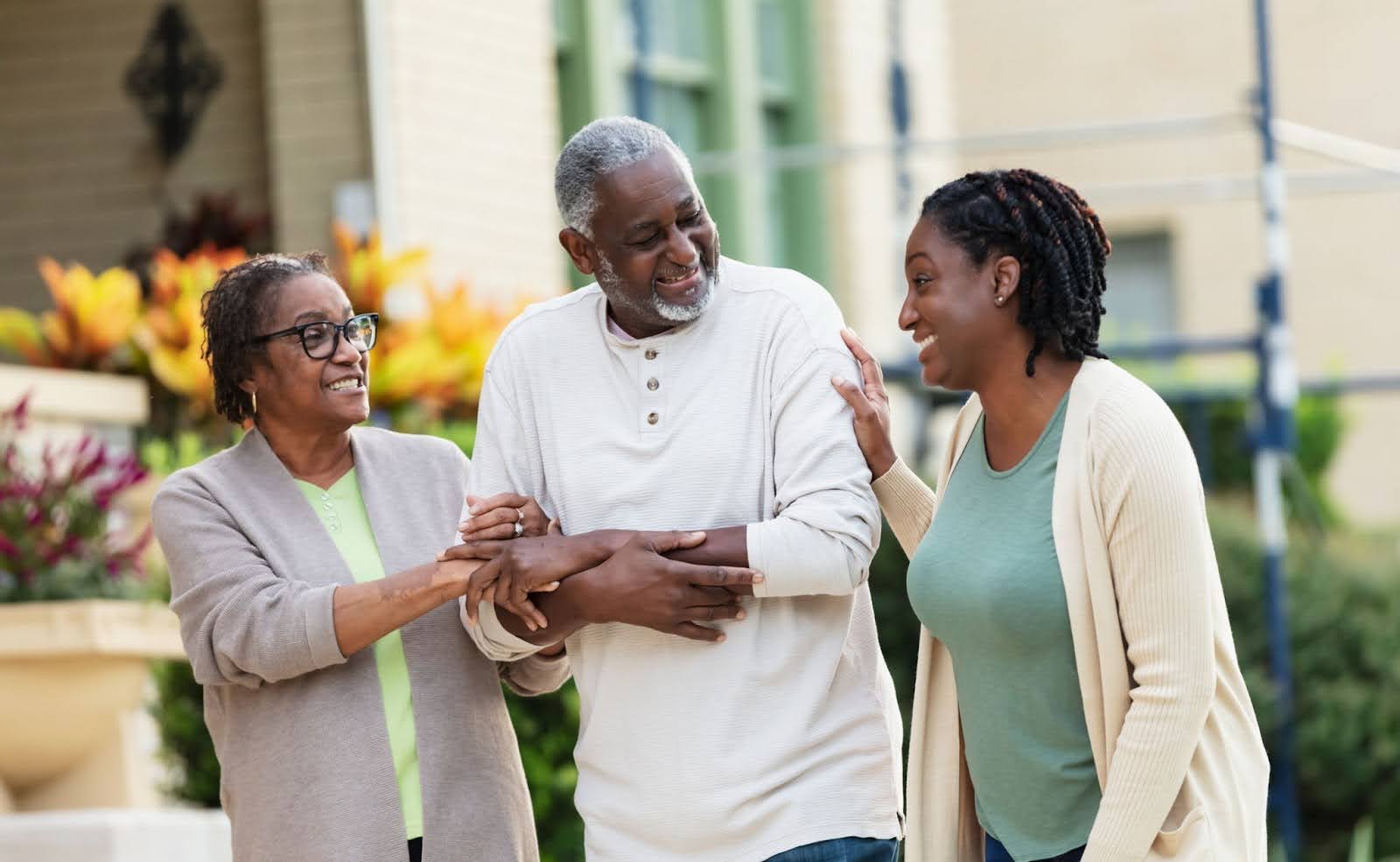 seniors walking around and laughing outside