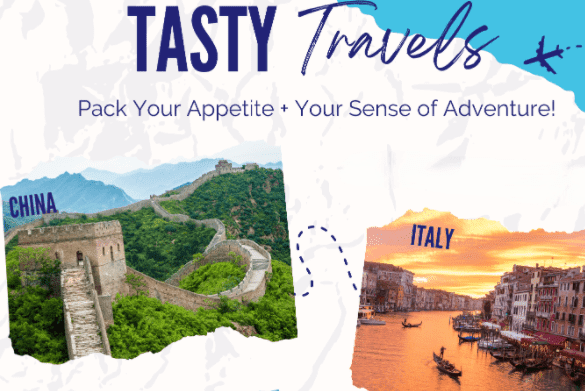 image of the Great Wall of China with travel route to image of Venice, Italy with Tasty Travels: Pack Your Appetite + Your Sense of Adventure at the top